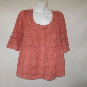 BLOUSE SHIRT TOP SIZE L 12 14 LARGE  3/4 long SLEEVES PINK RED SALMON
